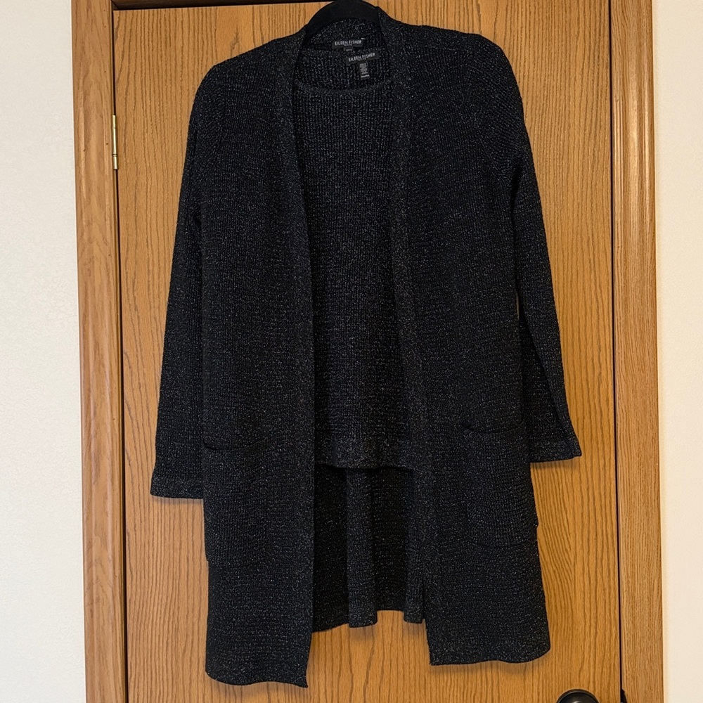 EILEEN FISHER 2 piece set- merino wool/metallic shirt+cardigan size PM